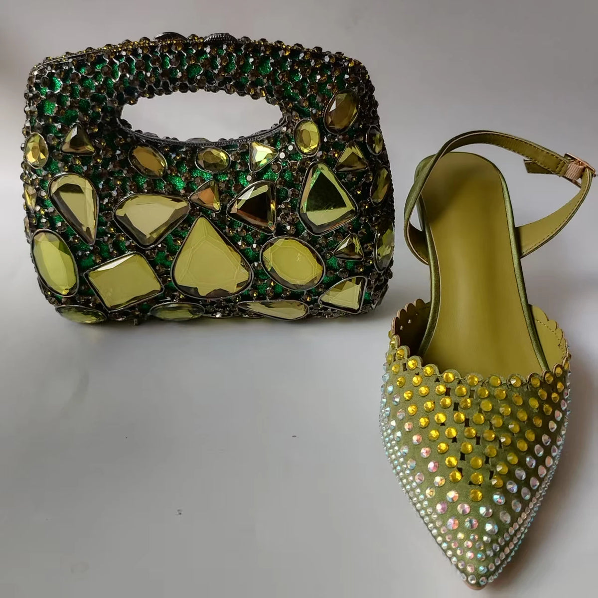 INSIGHTLINK Luxury Olive Green Rhinestones Women's Shoe and Bag Set for Party Wedding Crystals Heeled Pumps and Handbag Sandals
