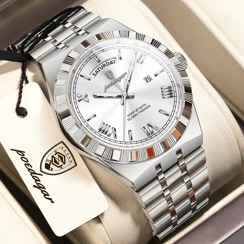POEDAGAR Fashion Business Men's Watch Luminous Waterproof Week Date Luxury Man Wristwatch Stainless Steel Quartz Watches For Men