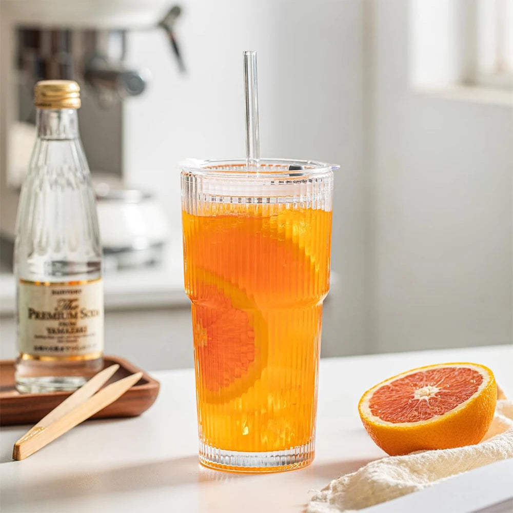 1/2/4Piece 20Ounces Glass Cup with Leak Proof Lid Thickened Glass and Glass Straw for Iced Coffee Smoothies Cocktails and Juices