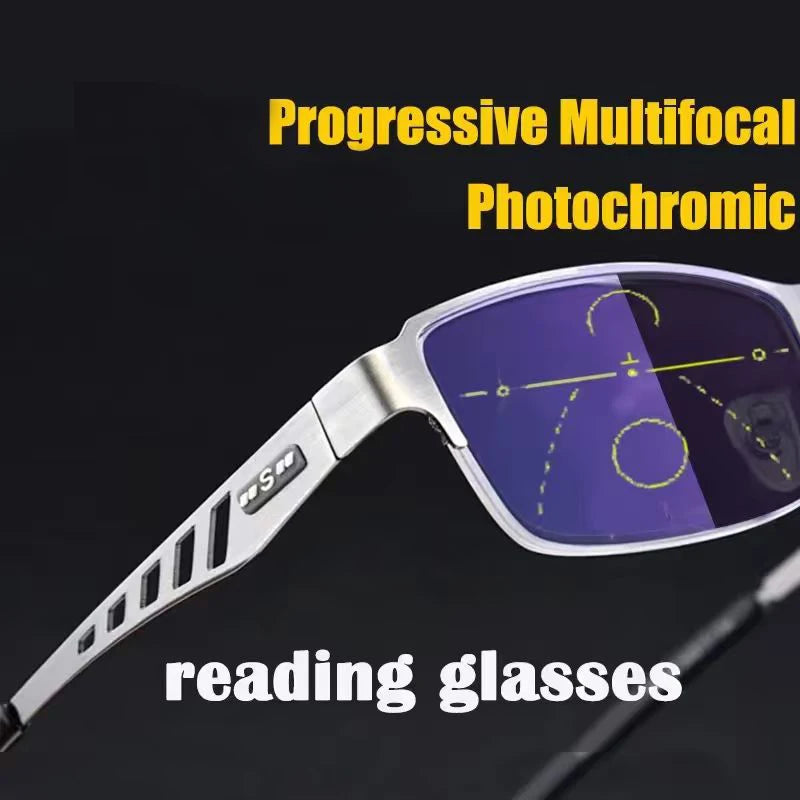 Adjustment Photochromic Multifocal Reading Glasses Men Progressive Anti-Blue Ray Business Spectacles Half-Frame Eyewear 1.0-3.5