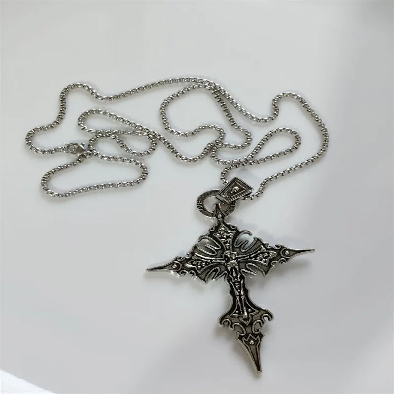 Vintage Cross Pendant Necklace Unisex Versatile Simple Long Sweater Chain Hip Hop Accessory