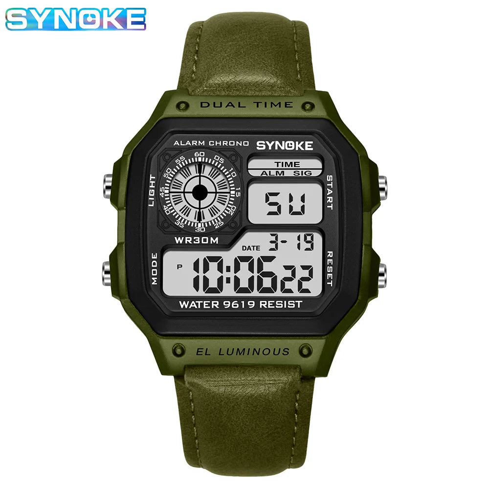SYNOKE Belt Watch Men Outdoor Sports Multifunctional Waterproof  Luminous LED Digital Watch PU Leather For Men Retro Fashion