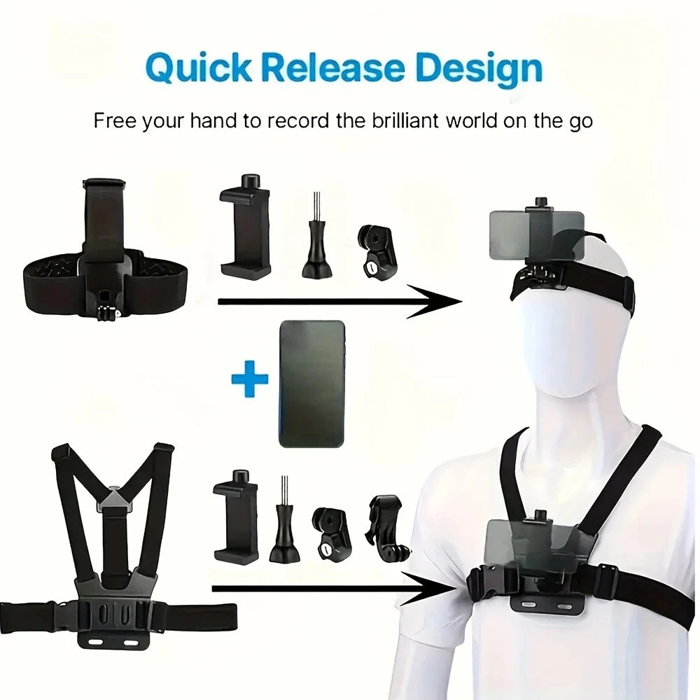 Accessories Kit Head & Chest Strap Mount Adjustable Phone for GoPro Insta360 DJI OSMO Nano SJCAM AKASO Action Camera Smartphones