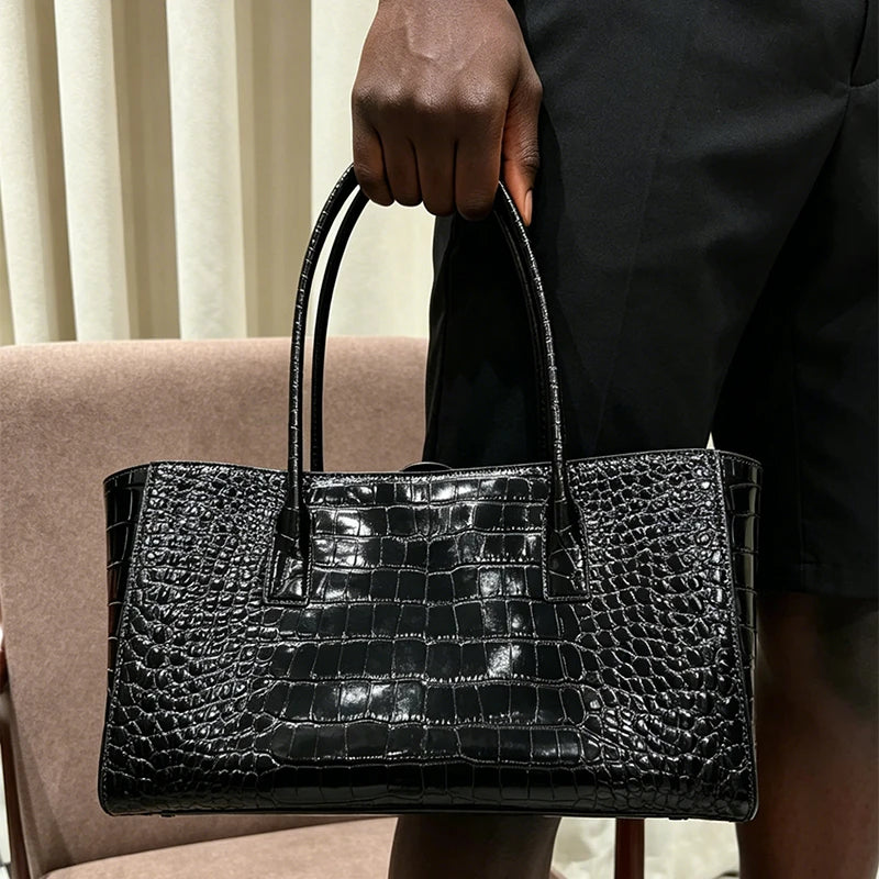 Crocodile Grain Embossed Top Handle Handbag,Luxury Tote Bag,Commute Work Chic Everyday Women Underarm Shoulder Bag,Black,Green