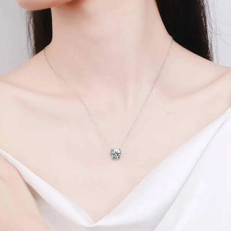 JoiasHome S925 Sterling Silver Moissanite Necklace For Women Simple Four-Claw Pendant Collarbone Chain Classic Luxury Jewelry