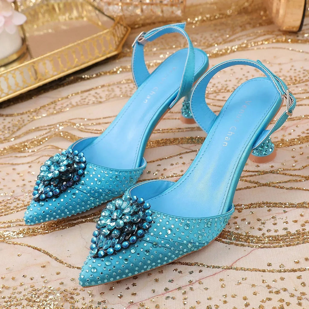 Sky Blue Wedding High Heels for Women Italy Design Rhinestone  Decorate Pointed-Toe Gorgeous Parties 2025 INS Lady Plus Size