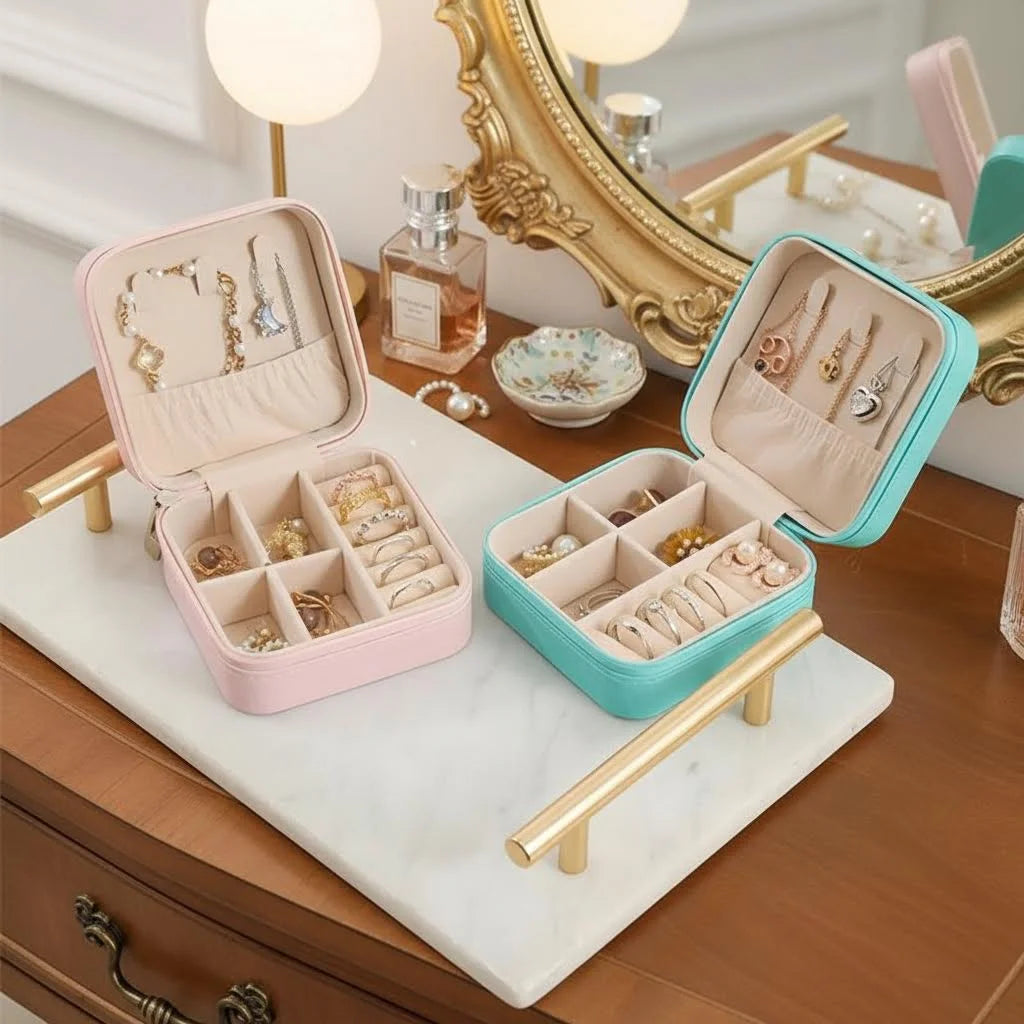 Solid Color PU Leather Material Jewelry Storage Box Travel Earrings Necklace Ring Organizer Case For Travel