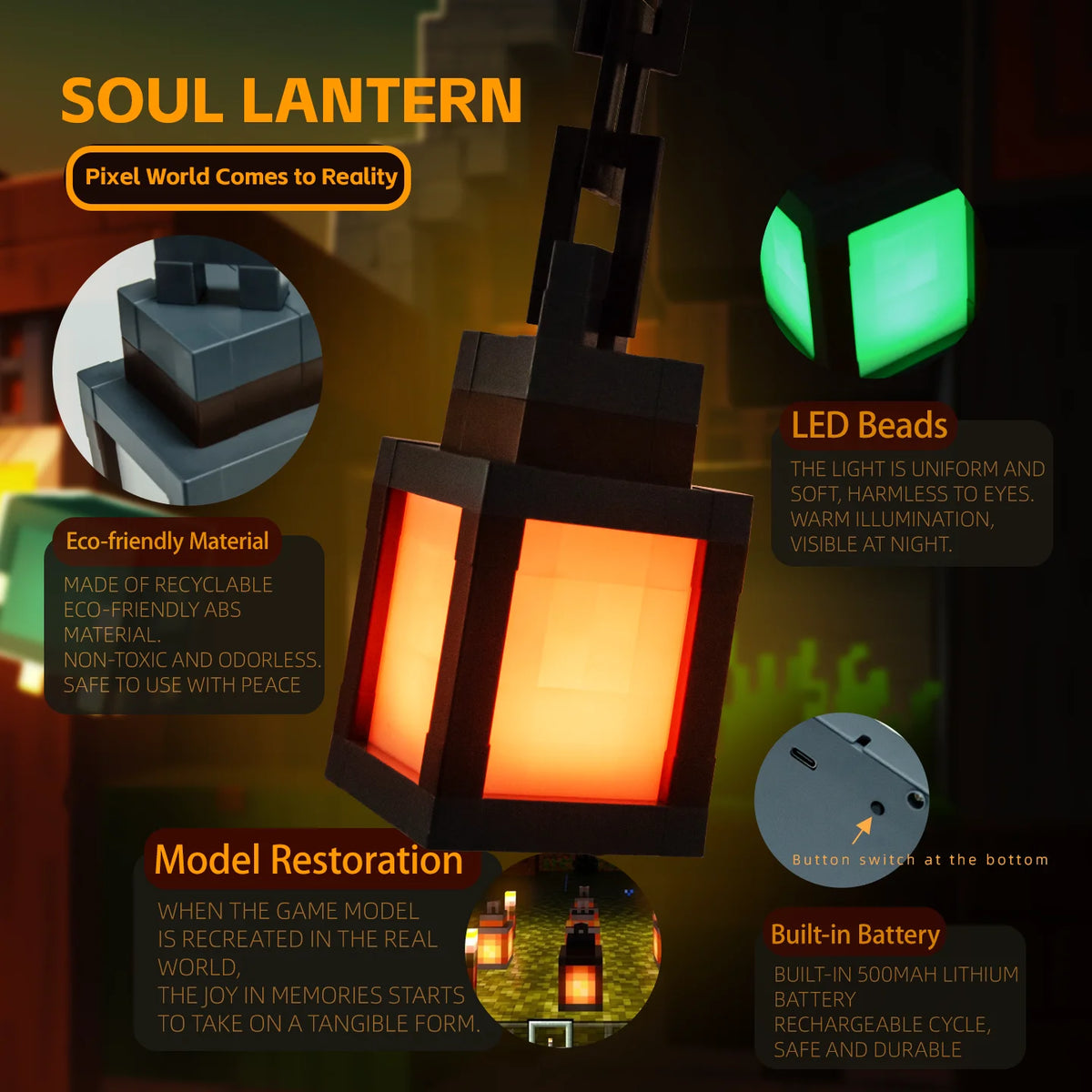 Pixel-Style Rechargeable Lantern – 16 Colors