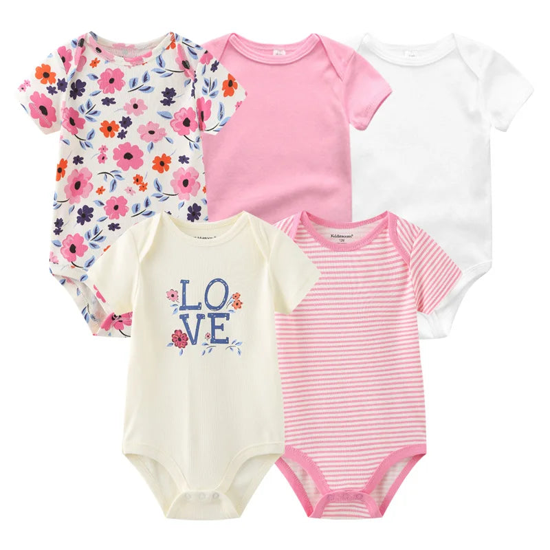 Newborn Bodysuits Unisex 5Pieces Baby Girl Clothes Solid Color Cotton Baby Boy Clothes Set Cartoon Print Summer Bebes