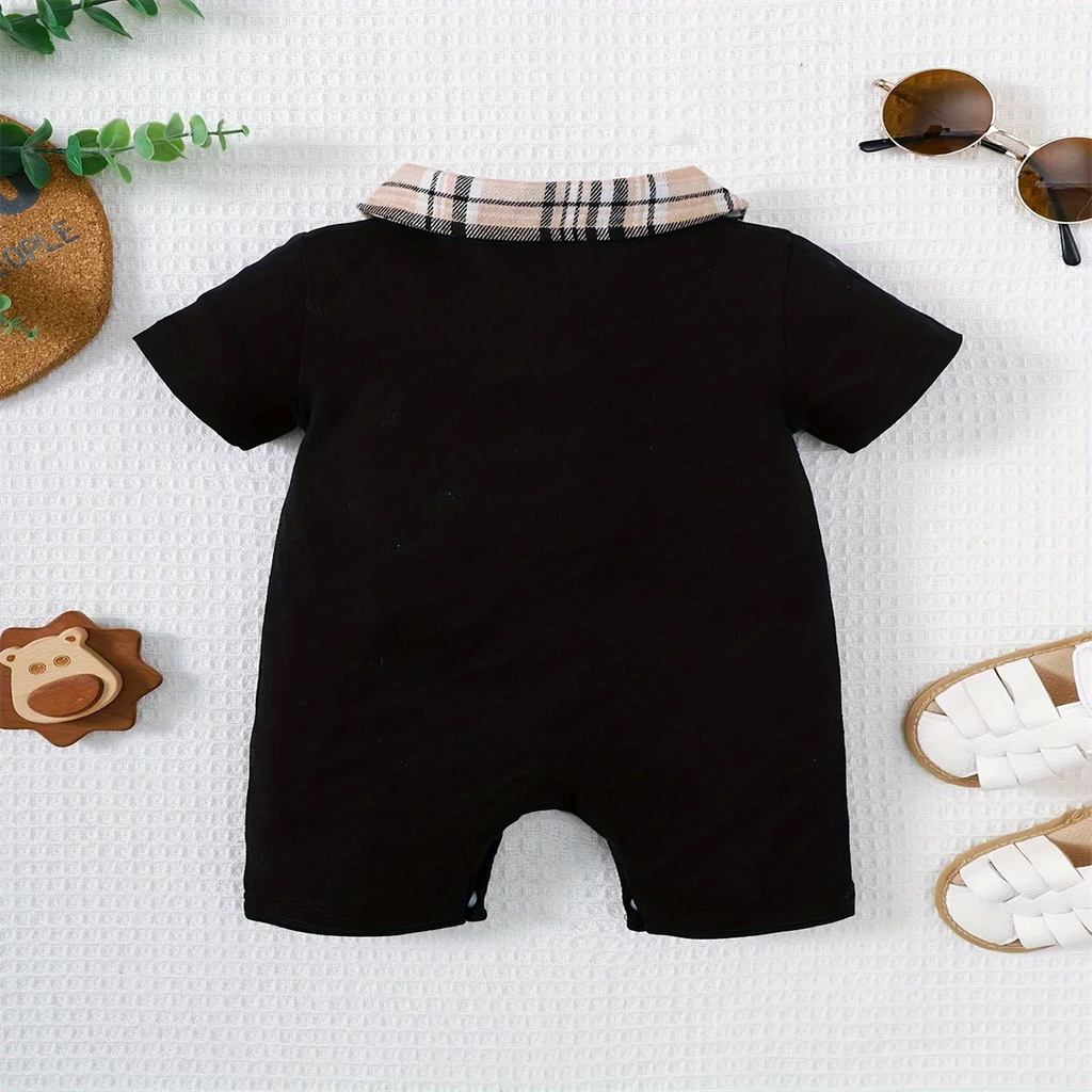 Summer Newborn Infant Baby 0-1 Years Old Boys Lapel Grid Splicing Short Sleeve Onepiece Rompers