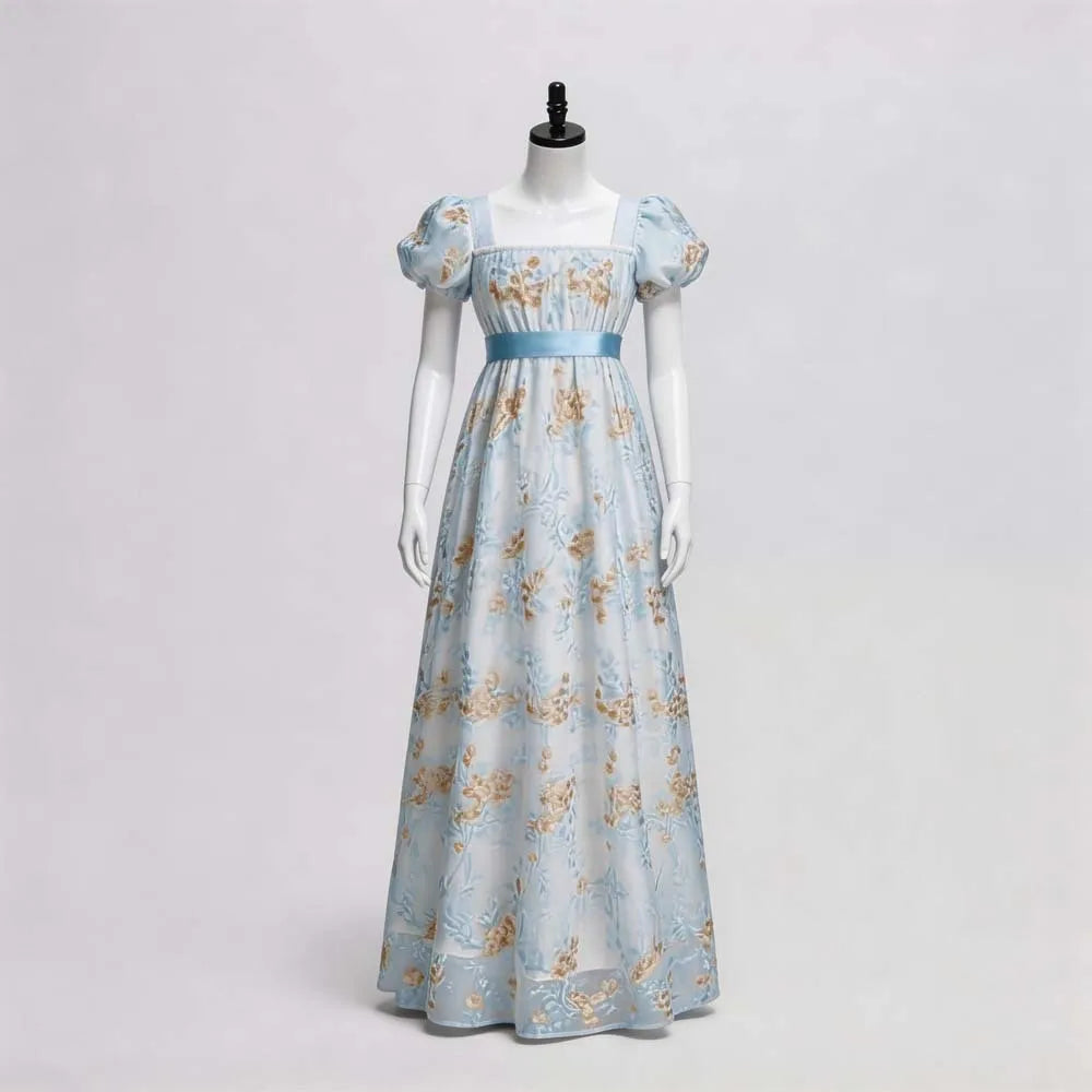 European Vintage Regency Tea Dress Square Neck Puff Short Sleeve Floral Embossed Long Imperial Cosplay Gown With  Waist Belt