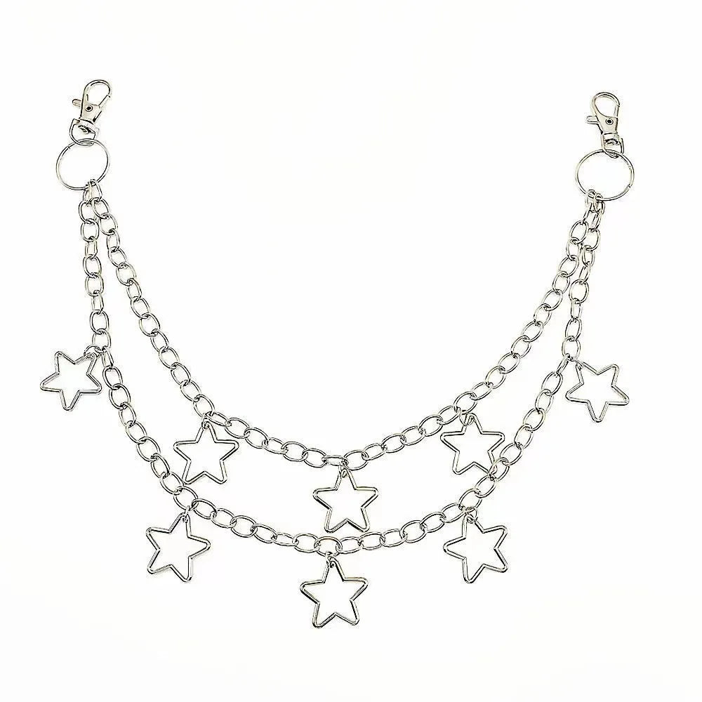 1pc Star Double Layer Waist Chain Mens Decorative Pant Chain Jeans Trouser Chains Hip Hop Rock Chain Punk Retro Belt Chain