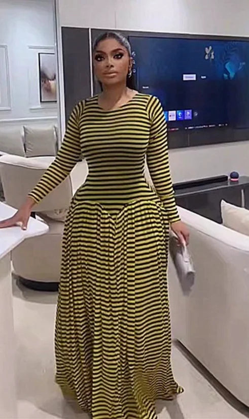 Women's Yellow Black Striped Maxi Dress Long Sleeve Crew Neck Slim Bodice Folds Skirt Stylish Casual Retro Outfit For Daily Wear
