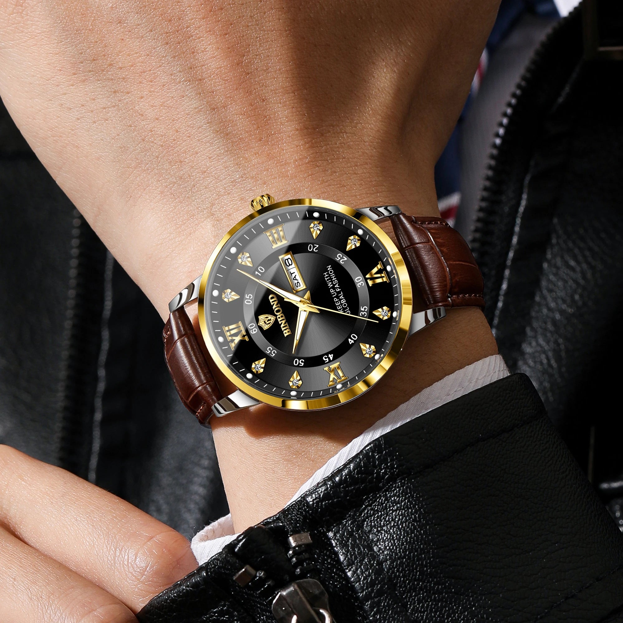 BINBOND quartz watches for men luxury sturdy luminous waterproof auto date week display accurate men's watch business reloj