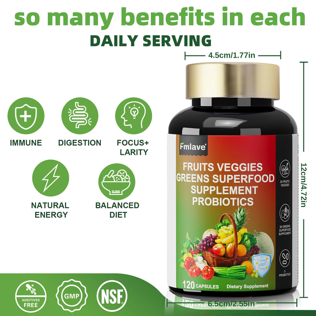 Fmlave Fruits and Veggies Supplement Reds & Green Superfood - Balance of Over 70 Fruit & Vegetable Supplements Capsules with Probiotics Prebiotics Digestive --120Caplules
