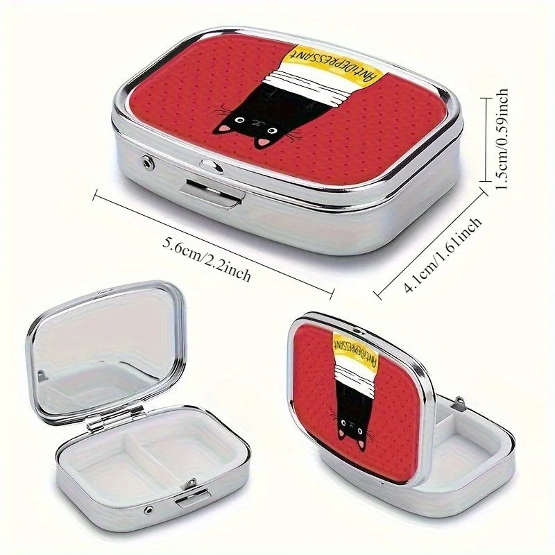 Cute Black Cat Cartoon Pill Box - Compact 2-Compartment Medicine Organizer, Portable for Travel & Purse, Unique Gift Idea