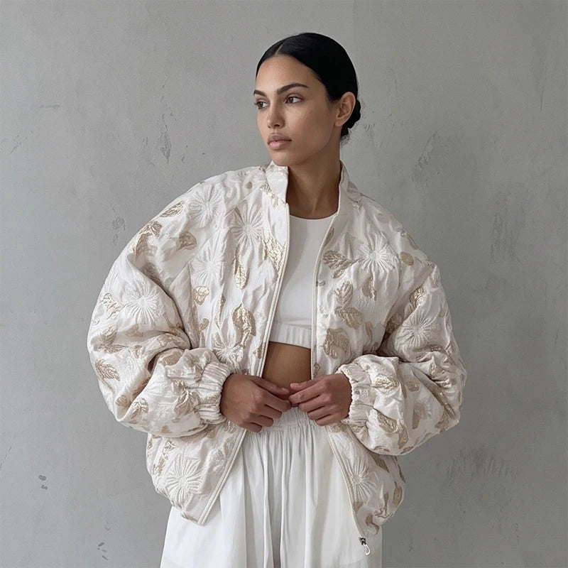 Women Luxury Jacquard  Short Coat Fashion Stand Collar Zip‑front Oversized Loose Jacket 2026 New Casual Street Commute Outfit