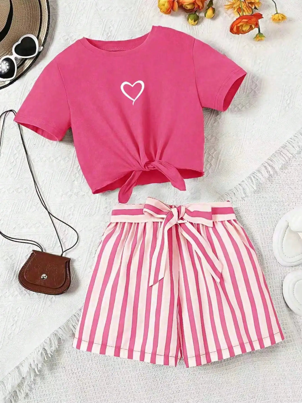 Women's Casual Daily Short-Sleeved Love Printed+Striped Printed Shorts 2-Piece Set with Random Belt Striped Children's Clothing
