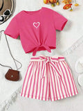 Women's Casual Daily Short-Sleeved Love Printed+Striped Printed Shorts 2-Piece Set with Random Belt Striped Children's Clothing