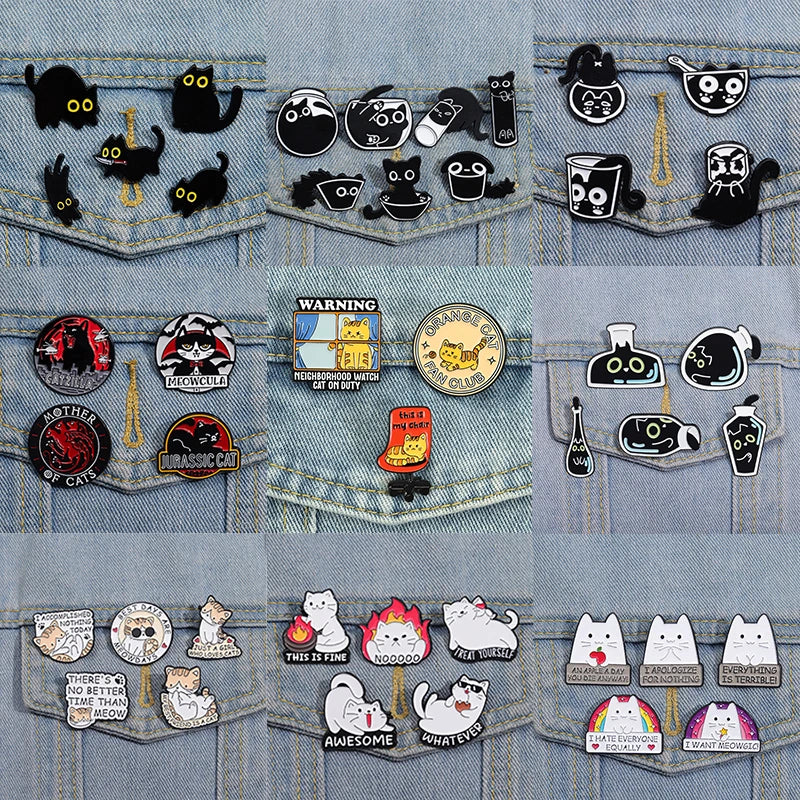 Cute Cat 4-6pcs/Set Enamel Pins Black Fluid Cat Brooches Lapel Badge Punk Animal Jewelry Gift for Friends