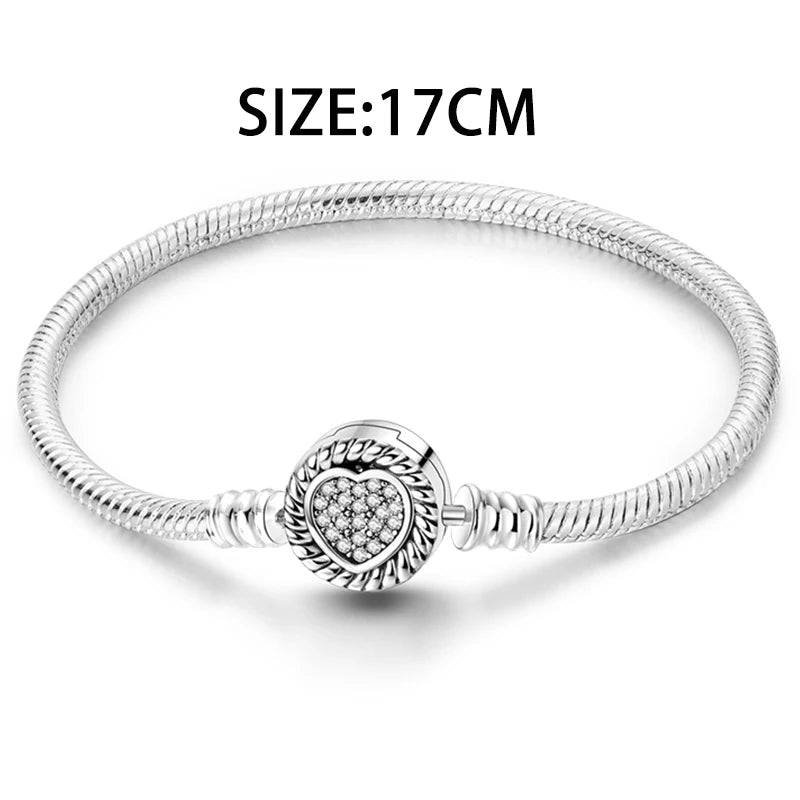 S925 Silver Plated Snake Bone Pattern and Inlaid Heart-Shaped Bracelet For Women Fit DIY Charms Beads Fine DIY Birthday Jewelry