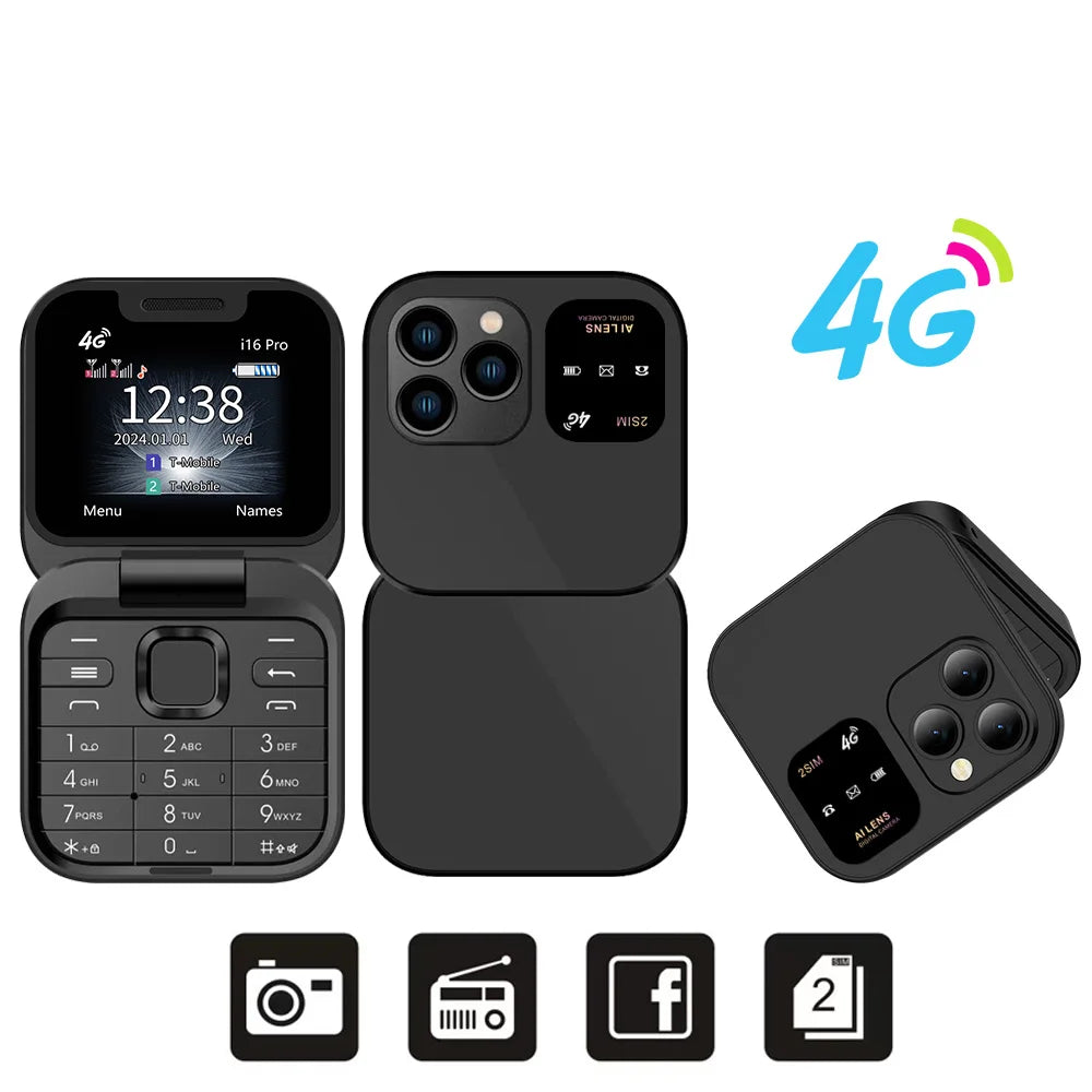 SERVO I16 PRO 4G LTE Foldable Mini Mobile Phone 2 SIM Speed Dial Call Recording Flashlight 1.77'' Screen Flip Cellphone Blacklis