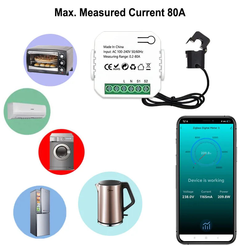 Smart ZigBee Energy Meter 80A with Current Sensor Clamp KWh Power Monitor Electricity Statistics110V 240V 50/60Hz Work with Tuya
