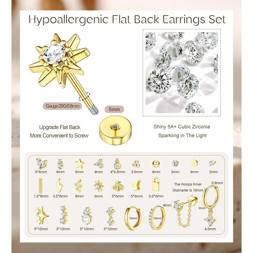 Bobisty 1pc Earrings Surgical Stainless Steel Earrings for Women Dainty Flat Back Earring Stud Hoop Cartilage for Sensitive Ears