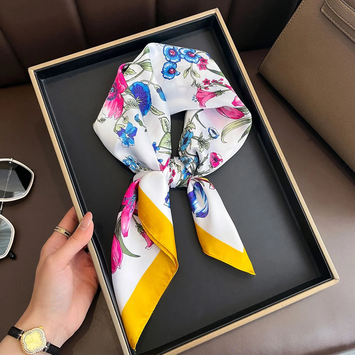 2025 New Yellow Lemon Print Square Silk Scarf for Women 70*70cm Neck Ties Fashion Decorate Neckerchief Female Hijab Bag Ribbions