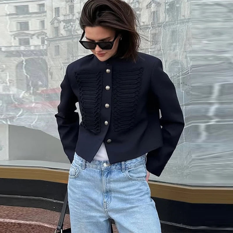 Vintage Women's Cropped Napoleon Jacket Stand Collar Single Breasted Hussar Jackets 2026 Autumn Lady Chic Black Outwear New