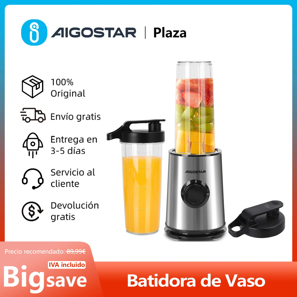Blender, 600W, 4 Stainless Steel Blades, Includes 2 Portable 800ml Sports Bottles and 2 Lids, Black