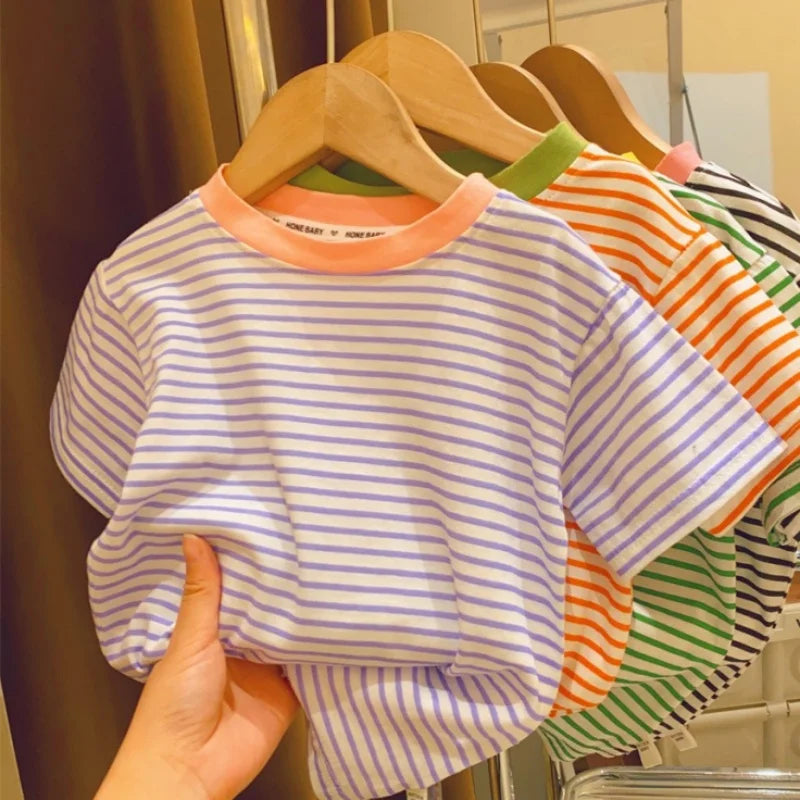 Children's Short-Sleeved Boys Girls 2024 Summer New Striped T-Shirt Baby Thin Section Half-Sleeved Bottoming Shirt Casual Wear