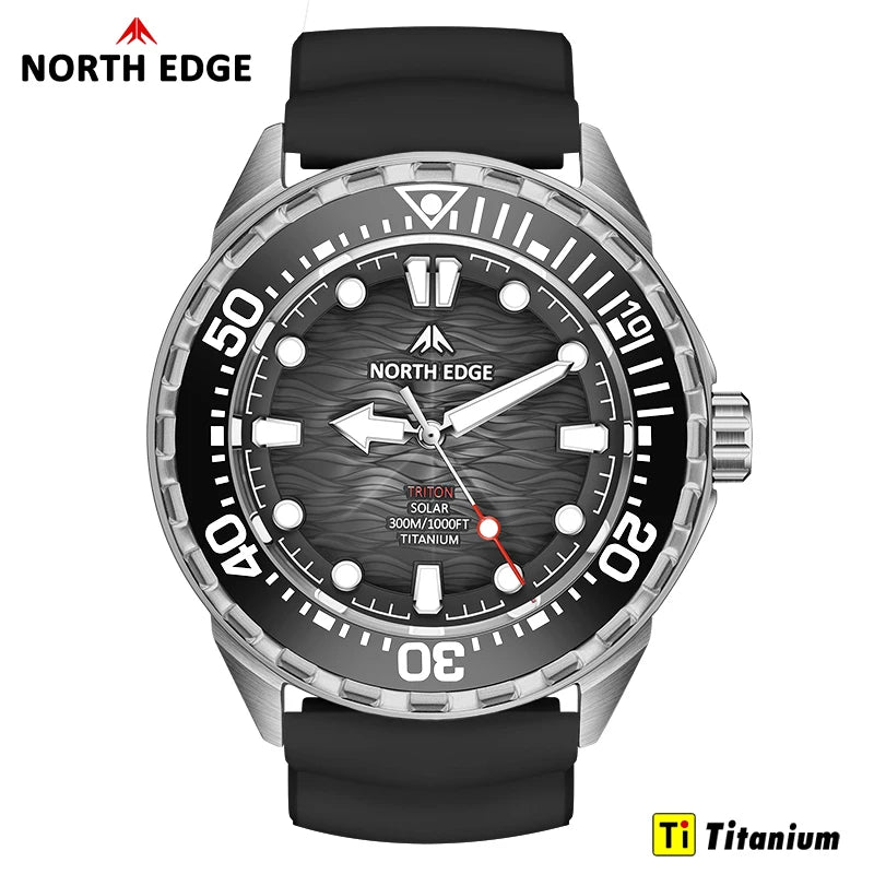 NORTH EDGE TRITON-TI Titanium Stainless Solar-Powered Diving Watch Luxury Quartz Watches For Men 300M Waterproof 180+ Day Power