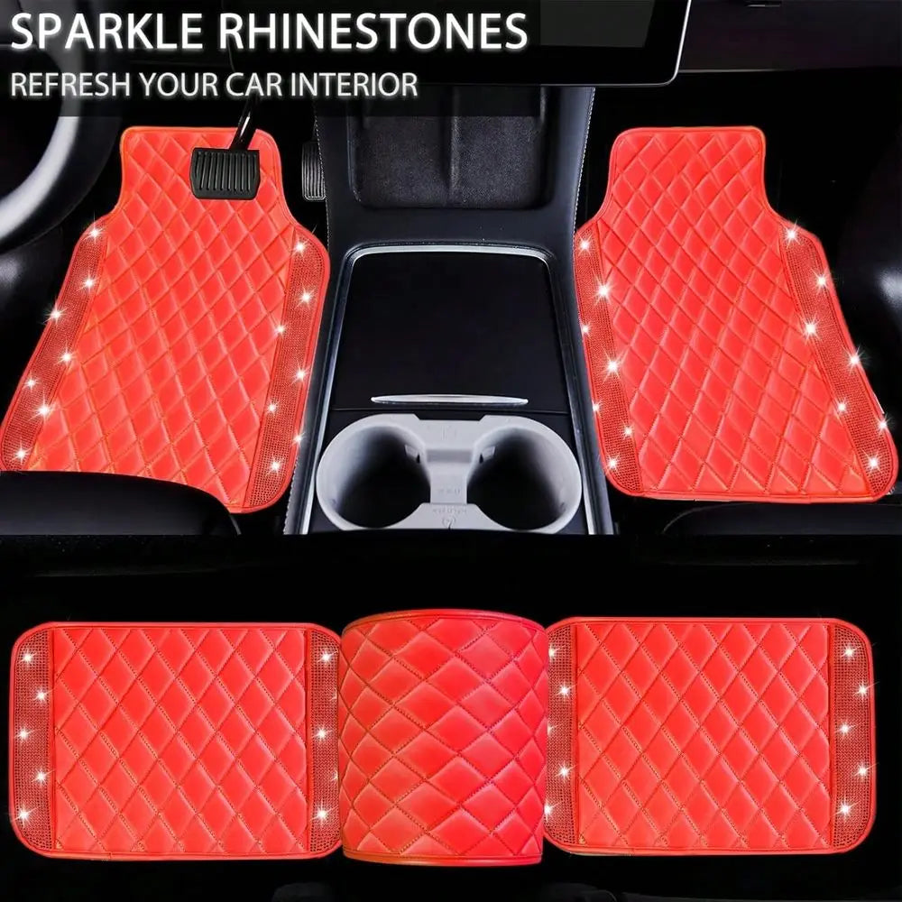 5 Pcs Bling Leather Car Mats, Sparkly Rhinestone Floor Mats, Anti-Slip Waterproof Universal Pads for SUV, Sedan, Van, Women