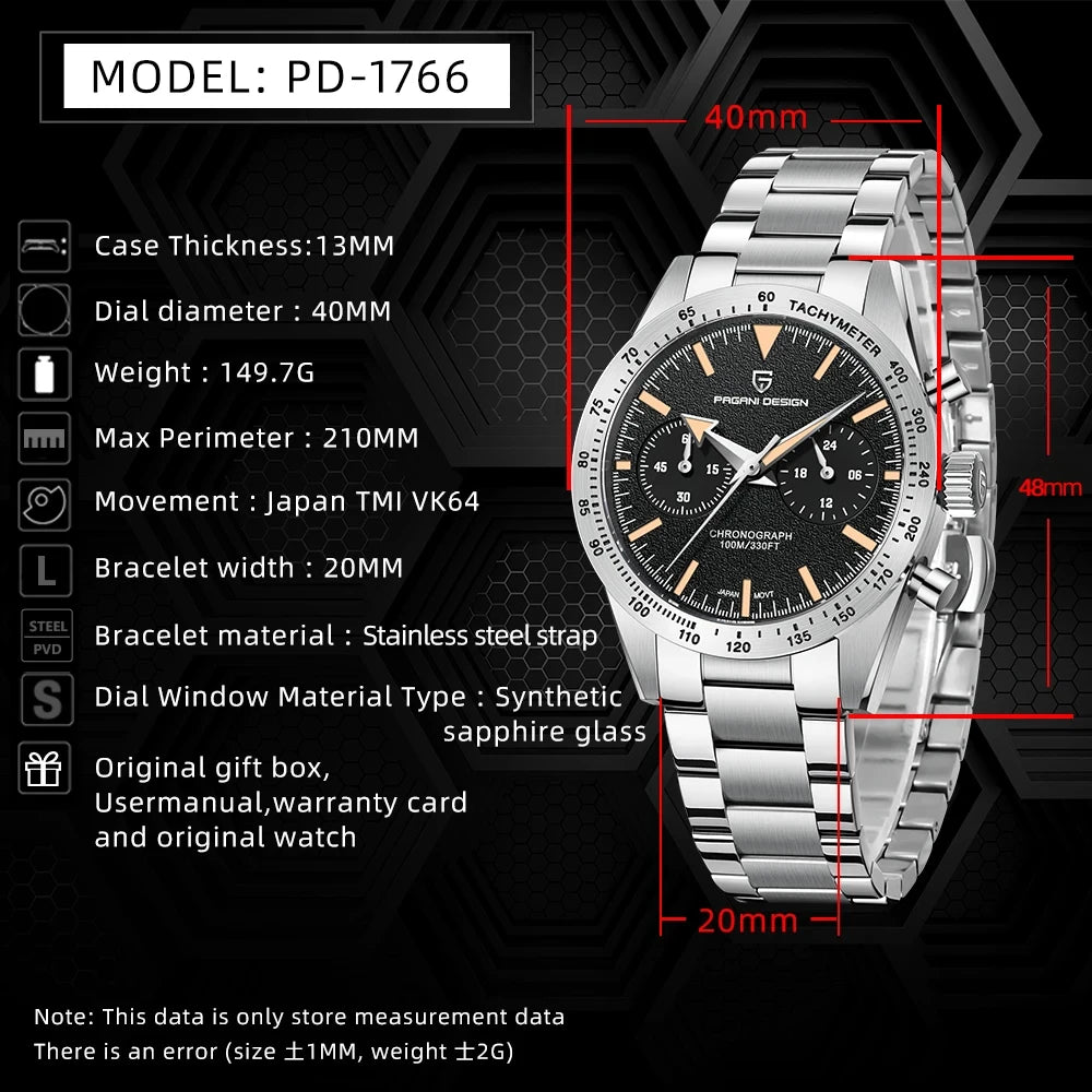 PAGANI DESIGN 2026 Mens watches Moon Quartz  Watch men speed Sport waterproof Chronograph AR Sapphire VK64 Steel Retro Luminous