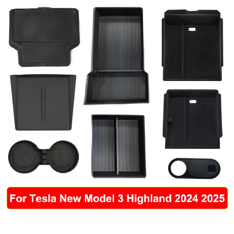 For Tesla Model 3 Y Juniper Highland 2025 2026 Launch Console & Armrest Upper and Lower Storage Box Watercup Holder Camera Cover