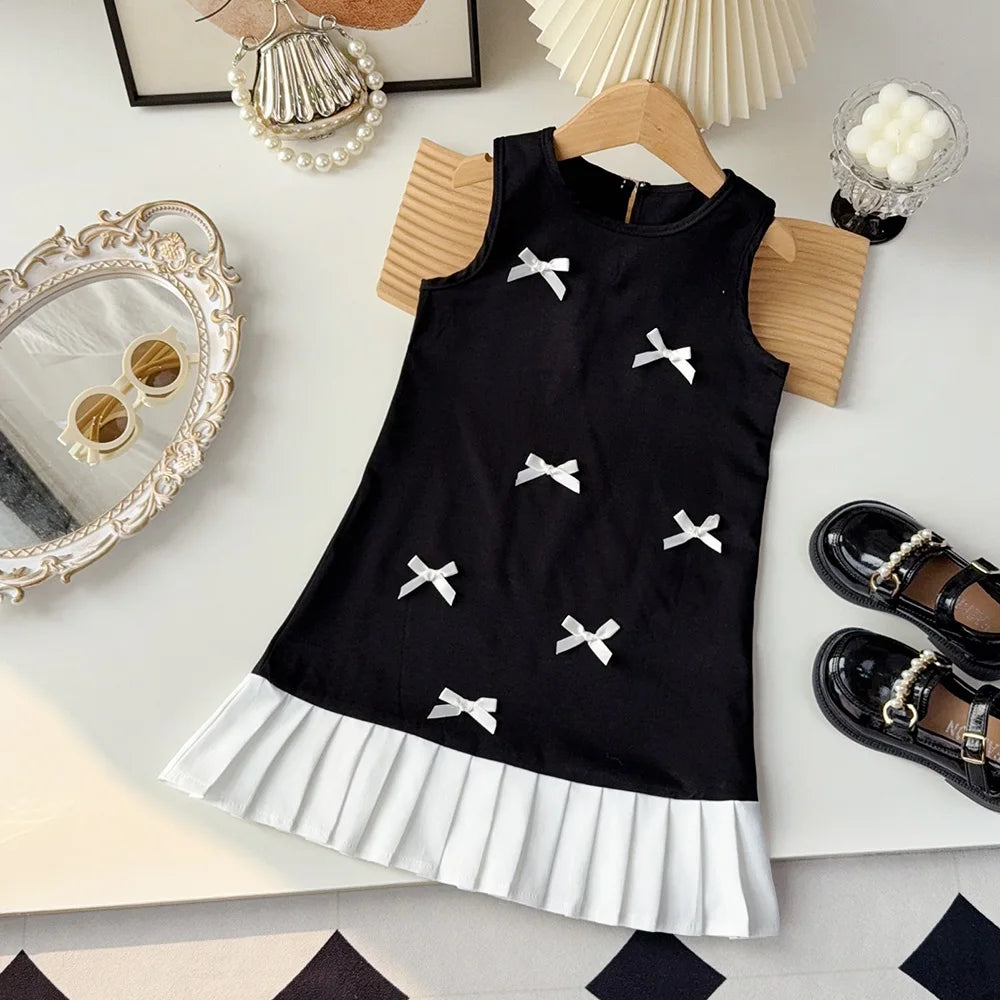 Black Bow Decoration Princess Dresses Korean Version Summer New Sleeveless Girls Dress Sweet and Simple Children's Clothing