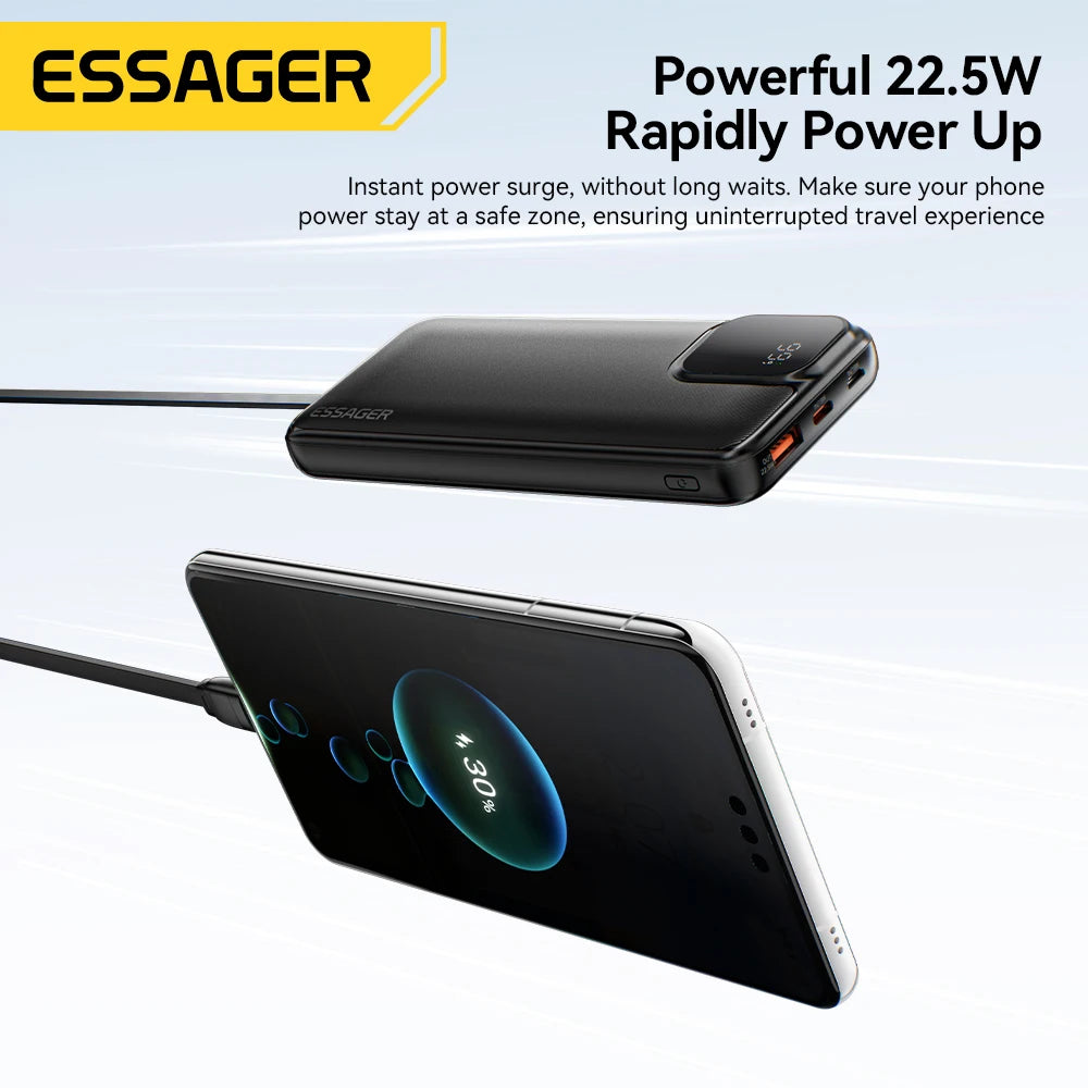 Essager Portable Power Bank 20000mAh with Two Built-in Cables External Battery PD 22.5W Fast Charging For iPhone 18 17 16 Xiaomi