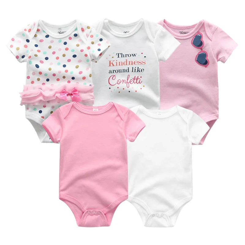 Newborn Bodysuits Unisex 5Pieces Baby Girl Clothes Solid Color Cotton Baby Boy Clothes Set Cartoon Print Summer Bebes