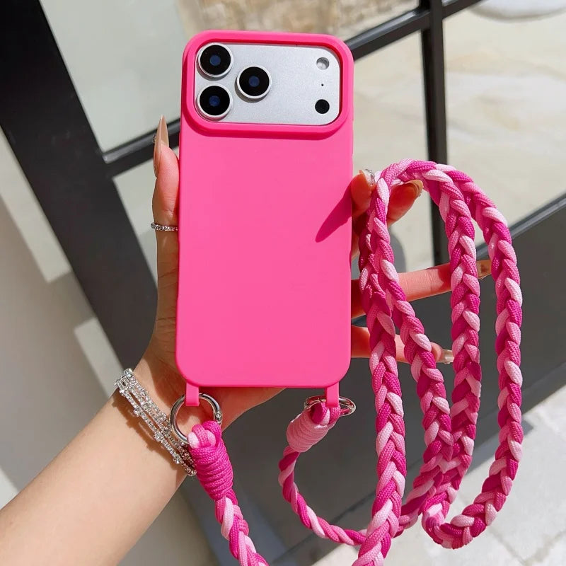 Fashion Lanyard Case For iPhone 17 Pro Max 18 14 12 11 13 15 16 Plus Air Shockproof Candy Crossbody Neck Cord Braid Strap Cover