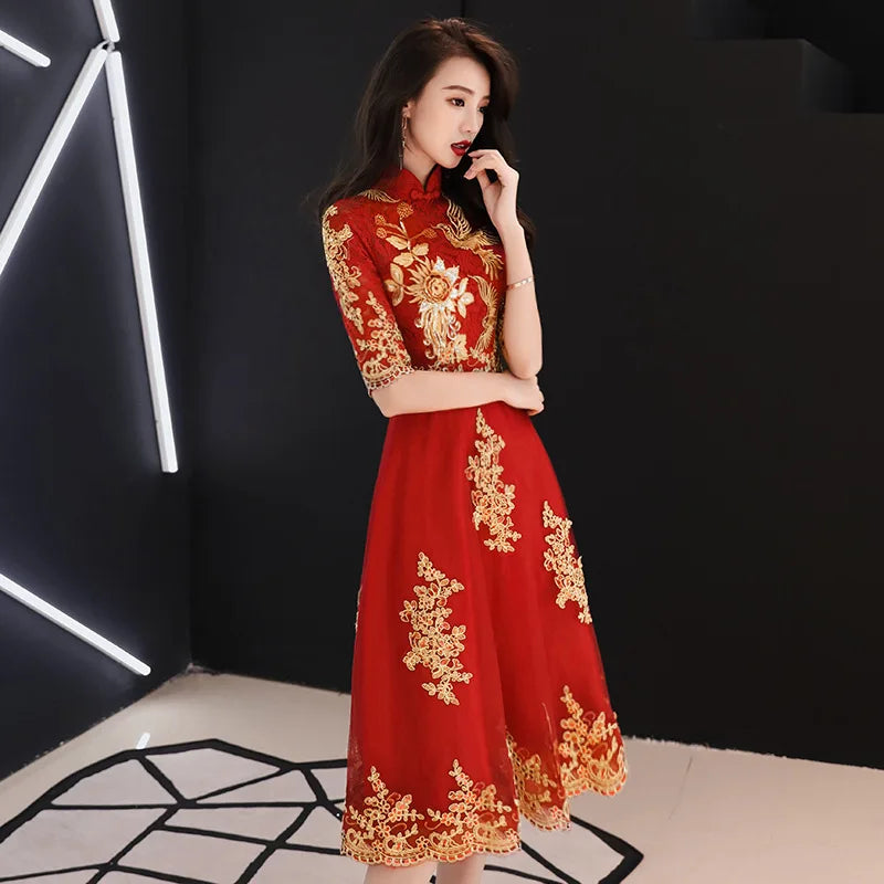 Chinese Style Bride Wedding Dress Elegant Embroidery Tulle Women Dress Evening Party Dress Classic Mandarin Collar Vestidos 3XL