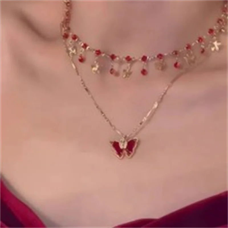 Luxury Crystal Zircon Butterfly Tassel Necklace for Women Elegant Double Layer Clavicle Chain Necklace Party Wedding Jewelry