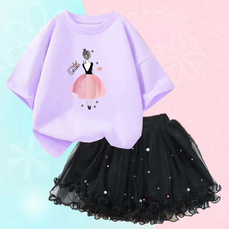 Fashion Summer Girls Outfits Pretty Ballet Dance Girl T-shirt and Tutu Skirt Set for Princess Clothes Suit Children Clothing