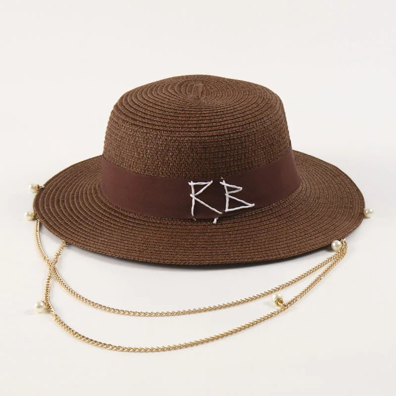 New Fashionable Metal  Letter Straw Hats for Women Men Summer Outdoor Holidays Beach Sun Hat Panama Hat