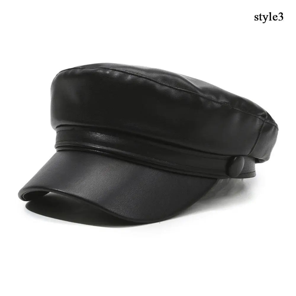 New PU Leather Beret Hat Autumn And Winter Versatile Beret Retro Flat Top Visor Adjustable Black Painter Hat Octagonal Cap