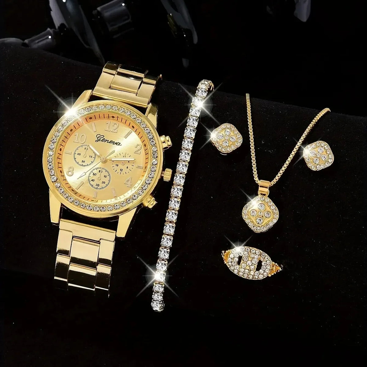Newest 5 PCS Set Gold Watch Women Luxury Ring Necklace Earrings Rhinestone Fashion Wristwatch Female Casual Watches Bracelet Set