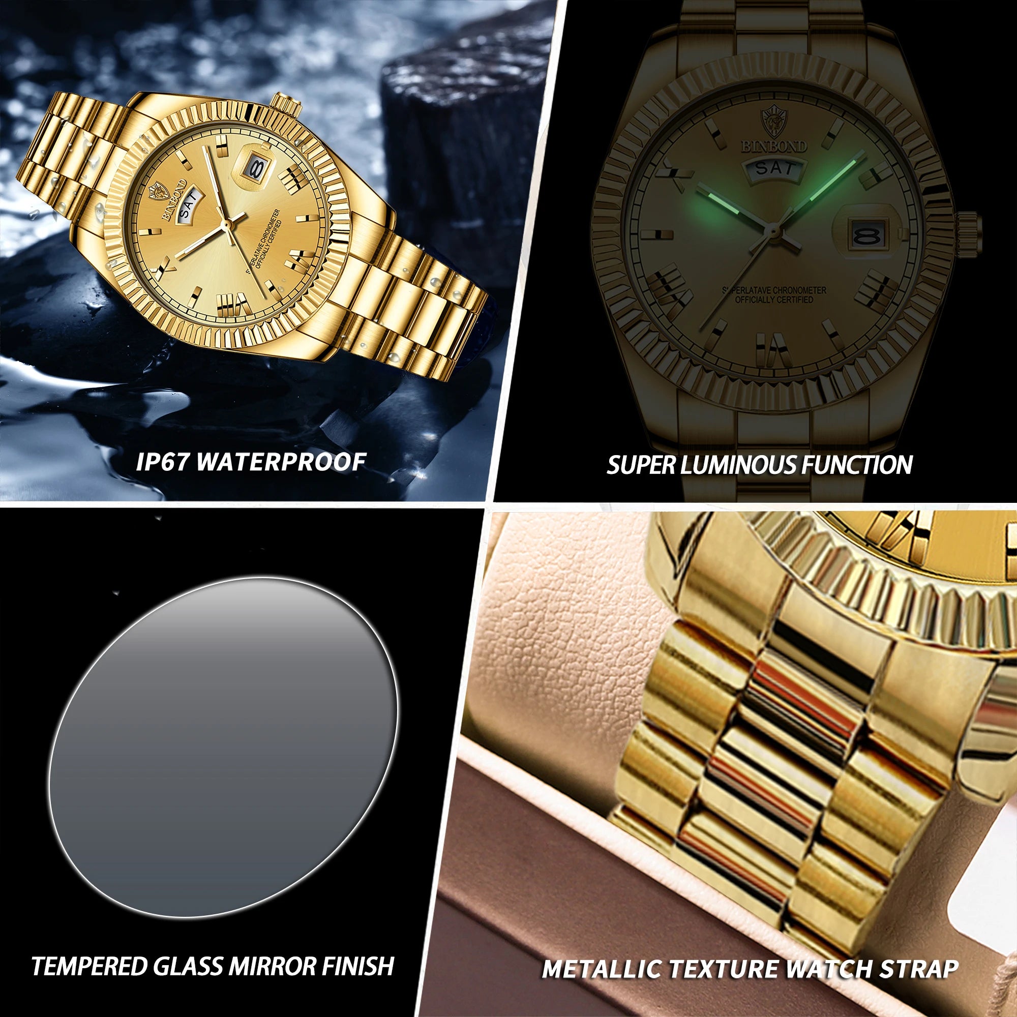 BINBOND Luxury Precise Quartz Wristwatches for Men Luminous Waterproof Week Auto Date Men's Watch Durable Fashion Casual Reloj