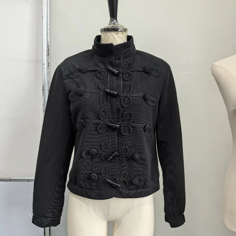 Vintage Women's Cropped Napoleon Jacket Stand Collar Single Breasted Hussar Jackets 2026 Autumn Lady Chic Black Outwear New