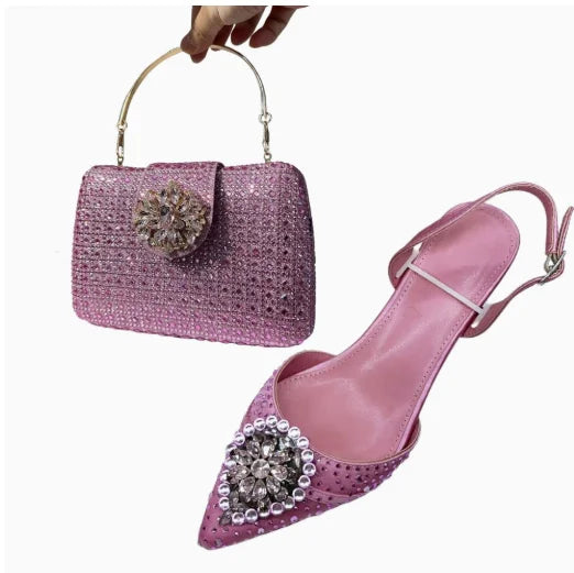 INSIGHTLINK Wine Color Rhinestone high heel shoes And Bag Fashion Style Pointed-Toe Shoes For Women Luxury Wedding Party Sandals