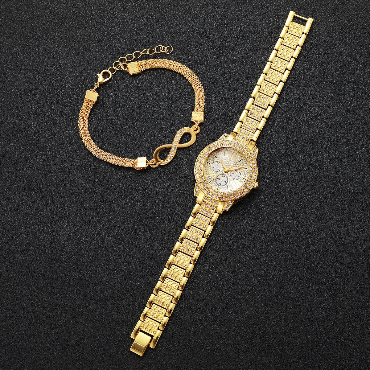 2PCS Luxury Full Diamond Women Watches Bracelet Set Fashion Decorative Three-eyes Ladies Quartz Wristwatch (Without Box)